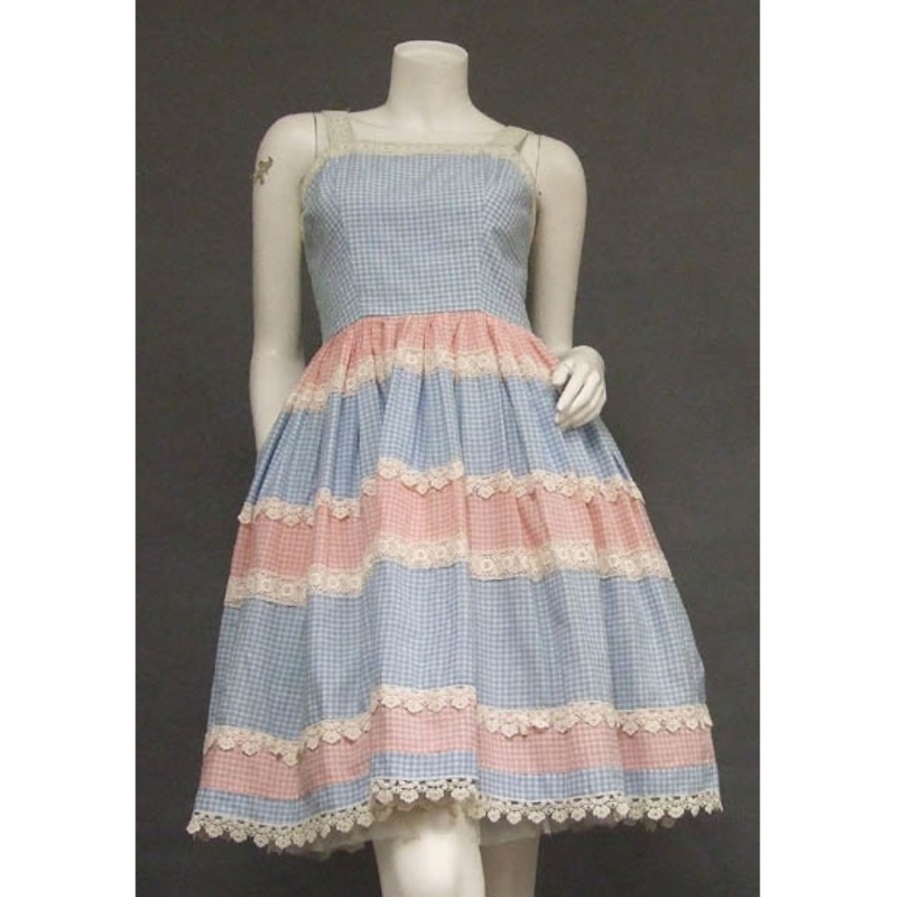 Pink & Blue Gingham VINTAGE Sun Dress Lace Trim